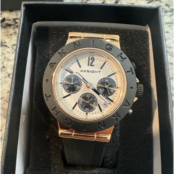 AKNIGHT Black and Rose Gold Rubber Strap Chronograph Watch - Picture 1 of 6
